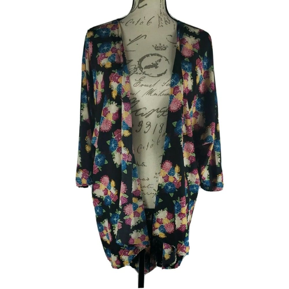 Lularoe Black Kimono with Colorful Floral Design Size Large